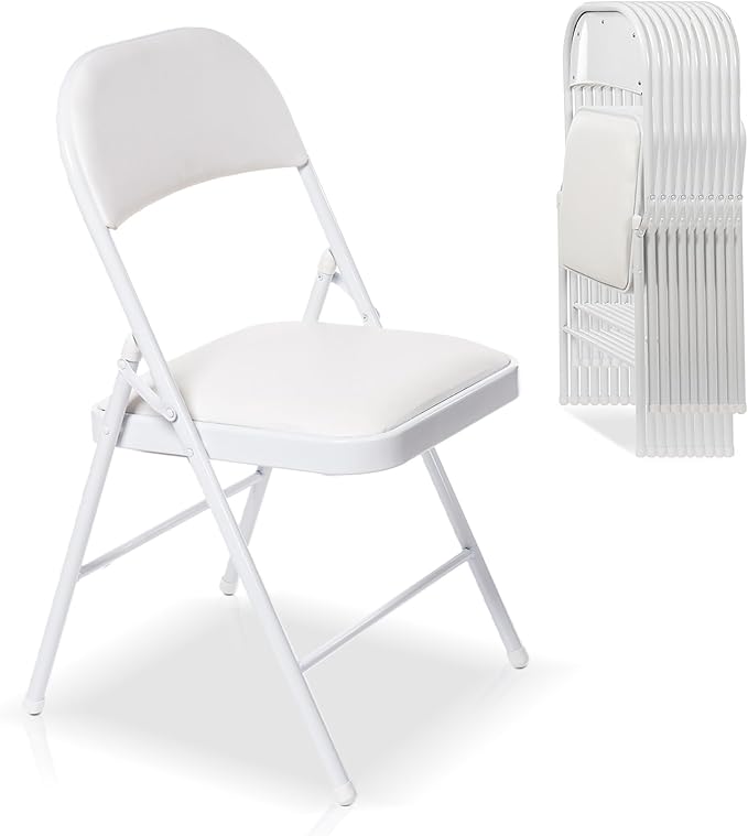 10 Pack Folding Chairs with Padded Seats, Padded Folding Chair with Steel Frame for Events Home Office, Pu Leather Folding Chair White
