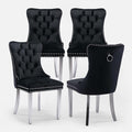 Velvet Upholstered Dining Chairs Set of 4, Modern Style Kitchen Side Chairs with Nailhead Trim and Silver Plated Leg, Metal Pulling Ring for Dining Room Living Room(Black, Set of 4)