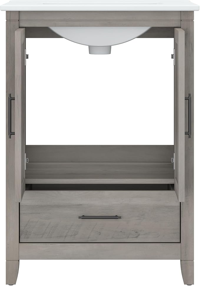 Bush Furniture Key West 32W Bathroom Vanity Sink with Mirror and Over The Toilet Storage Cabinet in Driftwood Gray