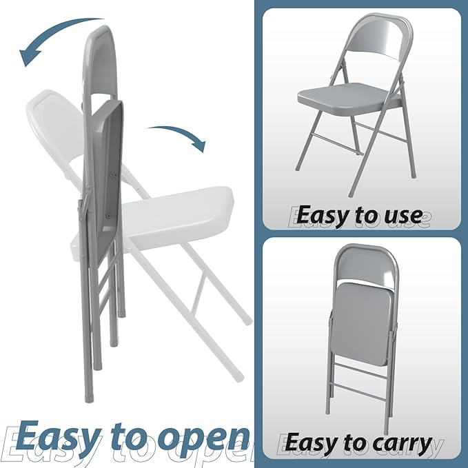 V&LX 4-Pack Double Hinged Chair 30" Metal Folding Steel Chairs Foldable Chair 4 Pack for Wedding Office Meeting Party Patio Outdoor Events, Set of 4,Grey
