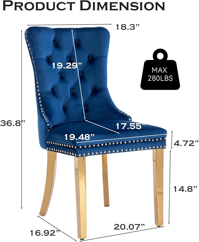 Velvet Upholstered Dining Chairs Set of 4, Modern Style Kitchen Side Chairs with Nailhead Trim and Gold Plated Leg, Metal Pulling Ring for Dining Room Living Room(Blue-Gold Plated Leg)