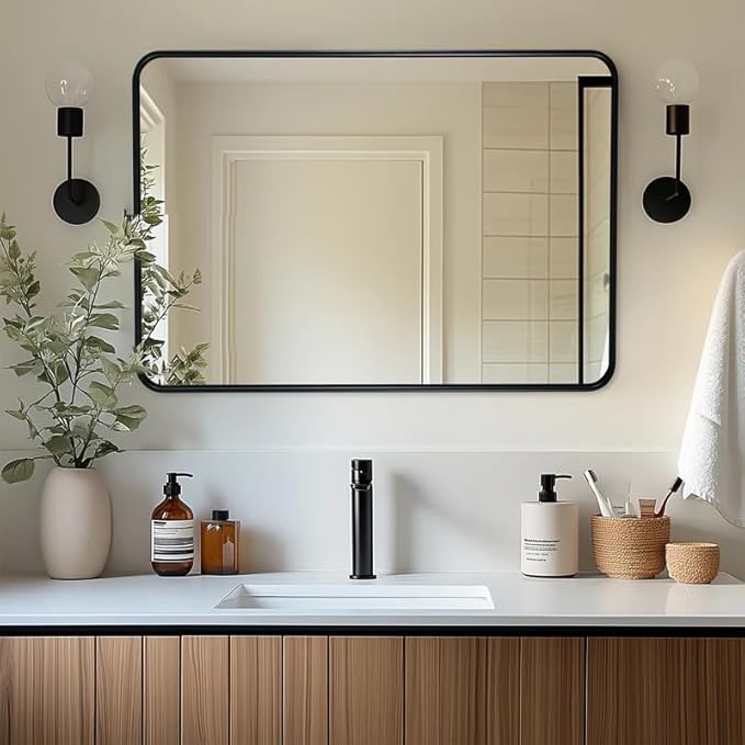 ANDY STAR Black Bathroom Mirror for Wall, 24x36 Inch Rounded Rectangle Mirror for Bathroom, Modern Tube Metal Framed Rectangular Mirror for Vanity, Explosion-Proof Film, Vertically/Horizontally
