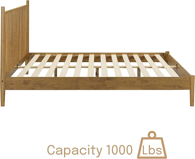 NTC Inno Wooden Bed Frame with Headboard, Solid Oak and Rubber Wood Foundation with Silent Slats and Wood Central Supports, 1000 Lb Capacity, Effortless Assembly, King - Teak Look