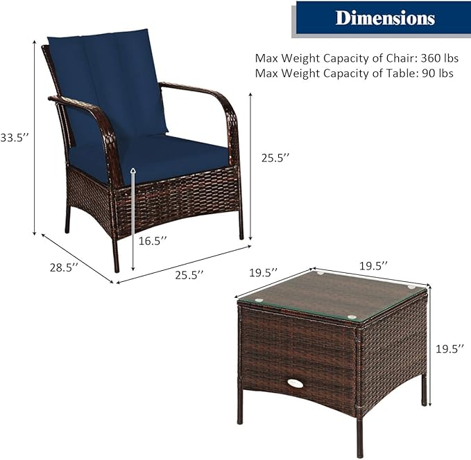 COSTWAY 3 Pieces Patio Rattan Furniture Set, Outdoor Conversation Chair Set with Coffee Table & 2 Cushions for Backyard, Porch, Poolside, Lawn, Garden, Navy