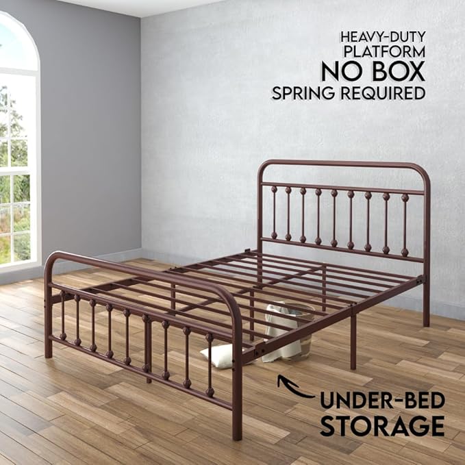 Golden Gate Beds Vintage Style Metal Bed Frame with Wrought Iron Headboard and Footboard, Classic Platform Bedframe with Storage, No Box Spring Needed, Mattress Foundation, Brown, Queen Size
