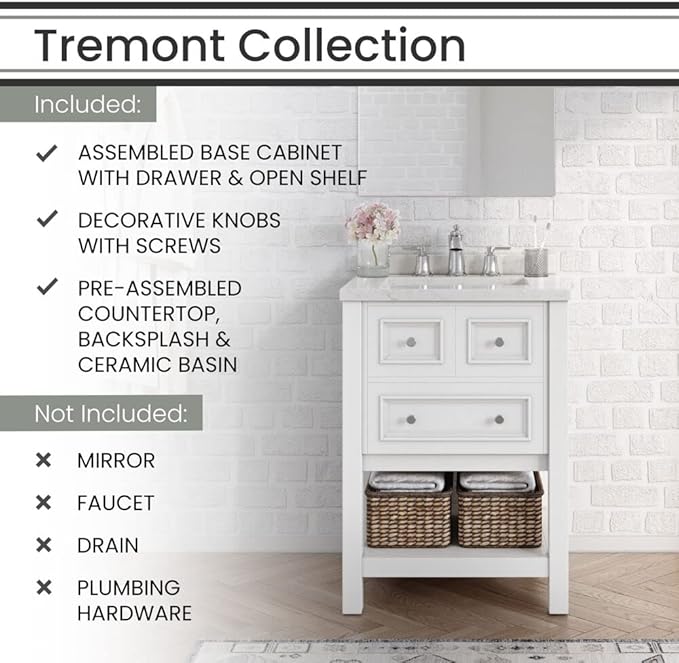 Hanover Tremont 24'' Vanity Cabinet with Sink Combo for Bathroom, Powder Room | Pre-Assembled Cabinet | 1 Drawer, Bottom Shelf | Artificial Stone Countertop | White Cabinet | HANVN0107-24-1WH
