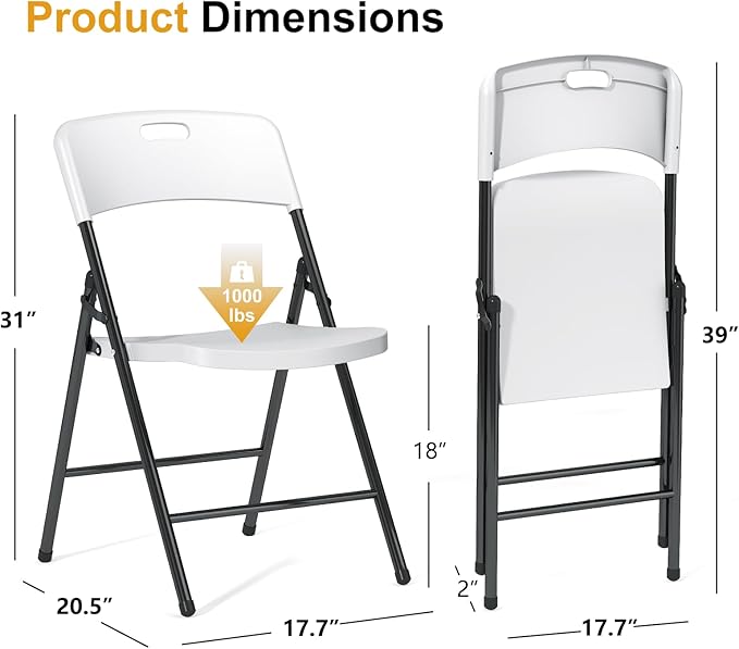 24 Pack Folding Chairs, 700lbs Capacity Heavy Duty Folding Chair with Reinfoced Steel Frame for Indoor/Outdoor Use, White Plastic Foldable Chairs for Party, Patio, Meeting, Wedding and School