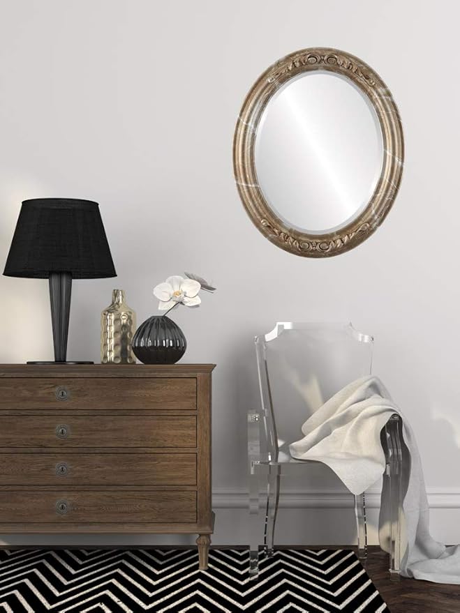 OVALCREST Oval Beveled Wall Mirror for Home Decor - Florence Style - Champagne Silver - 28" x 24"