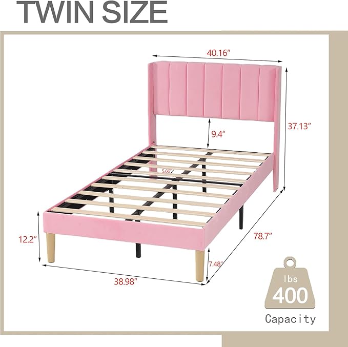 AGARTT Upholstered Platform Bed Frame Twin Size with Headboard and Footboard/Wooden Slats Support/No Box Spring Needed/Easy Assembly,Pink Velvet