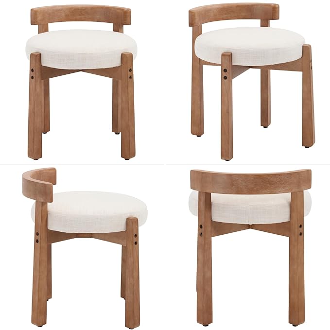 Modern Vanity Chair Upholstered Small Ottoman Footstool, Make Up Stool Linen Fabric with Backrest Wooden Frame for Living Room Bedrooms, 1PC, Beige