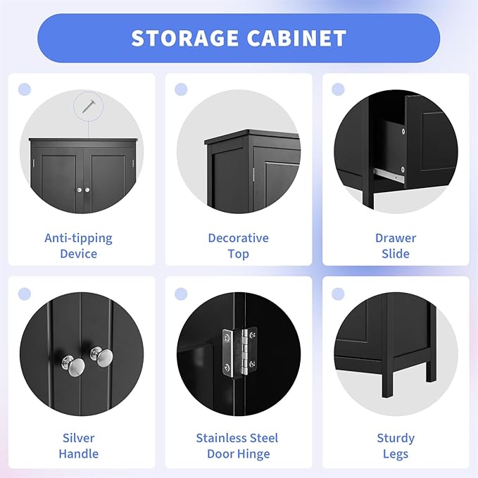 Polibi 43.3" H Storage Cabinet with 2 Doors, 2 Drawers, Adjustable Shelf, Wooden Linen Cabinet for Bathroom, Office, Kitchen, Black