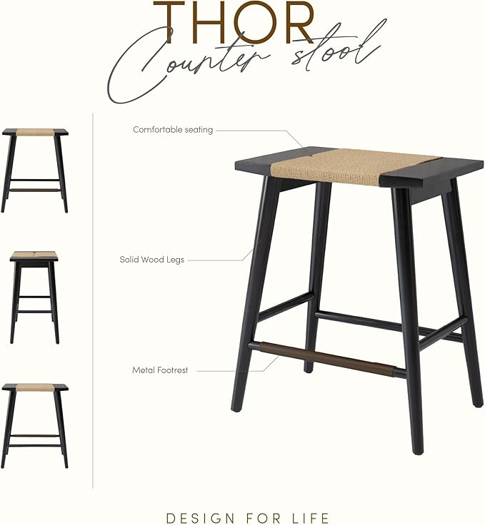 Thor Wicker Premium Solid Wood Counter Stool 24", Backless Counter Height Seating with Hand-Knitted Rope, Eco-Friendly Modern Design (Midnight Charcoal)
