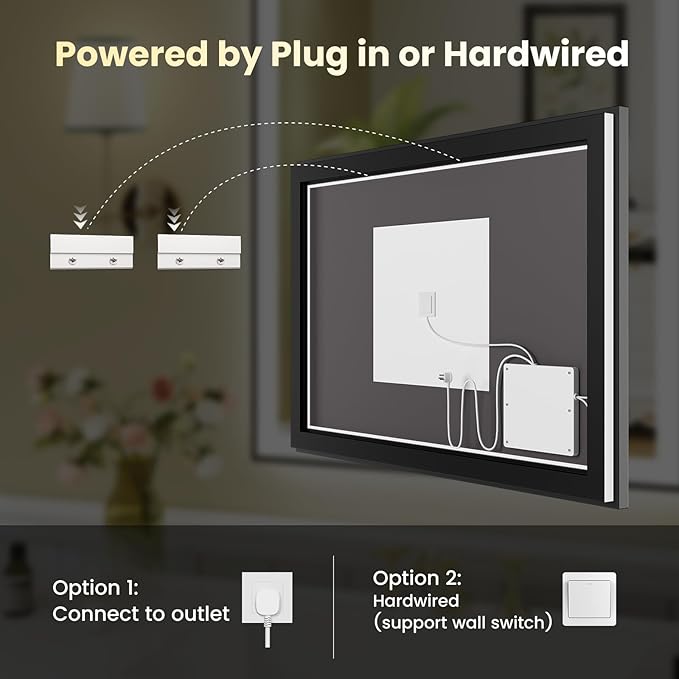 WTTY 24"X36" LED Bathroom Mirror with Black Frame, Bathroom Vanity Mirror with Lights for Wall, Front Light and Backlit, Anti-Fog, Dimmable, 3 Colors, Shatterproof, Memory, Horizontal/Vertical