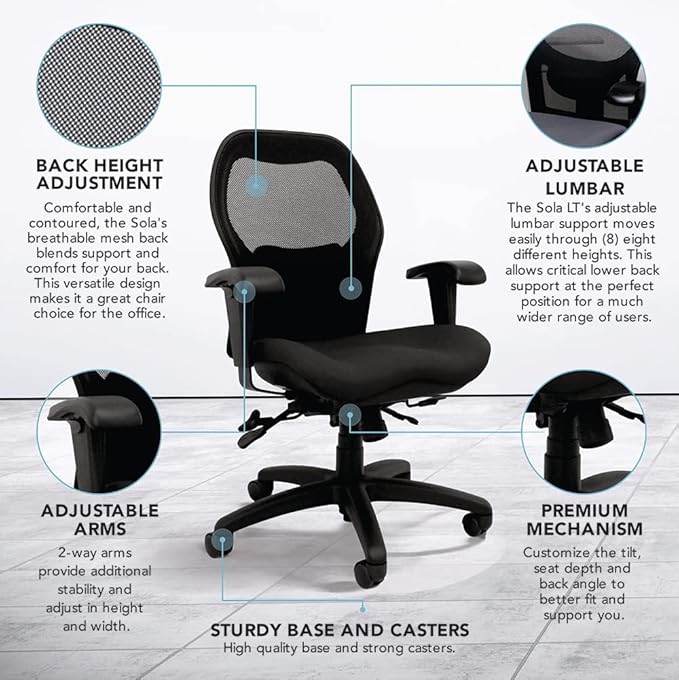 Seating Sola LT Ergonomic Office Chair | Comfortable Mid Back Computer Chair | Back Support Office Chair | Ultra-Soft | Ergonomic Lumbar Support Chair | Swivel Computer Task Chair