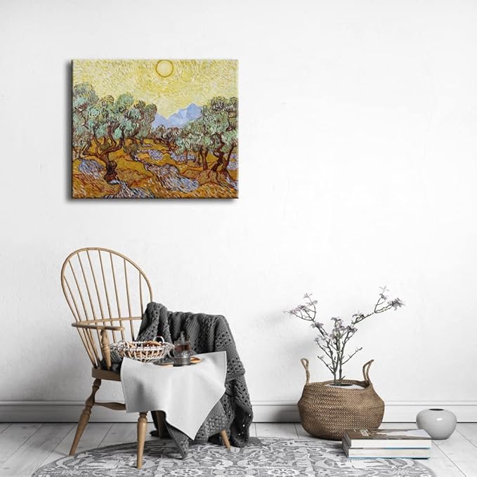 Wieco Art Olive Trees with Yellow Sky and Sun Canvas Print of Vincent Van Gogh Famous Oil Paintings Reproduction Classic Pictures Artwork Canvas Prints Wall Art for Home Decorations