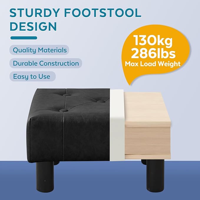 Small Foot Stool Ottoman, Faux Leather Footstool Ottoman Foot Rest for Couch, Rectangle Footstools and Ottomans Small for Living Room, Entryway and Bedroom (Black)