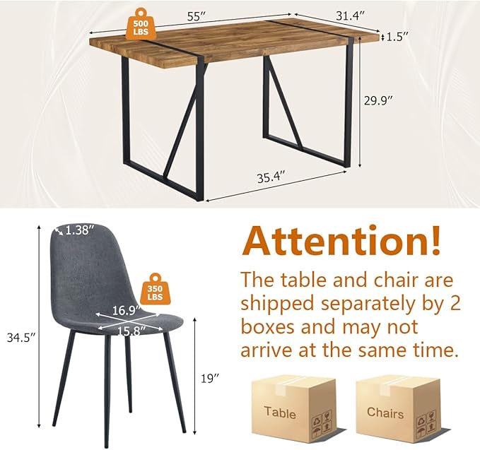 5 Piece Dining Table Set，Dinner Table Set for 4，55'' Kitchen Table and Suede Nap Fabic Chairs Set of 4, 4 Chair Dining Table Set for Kitchen Dining Room