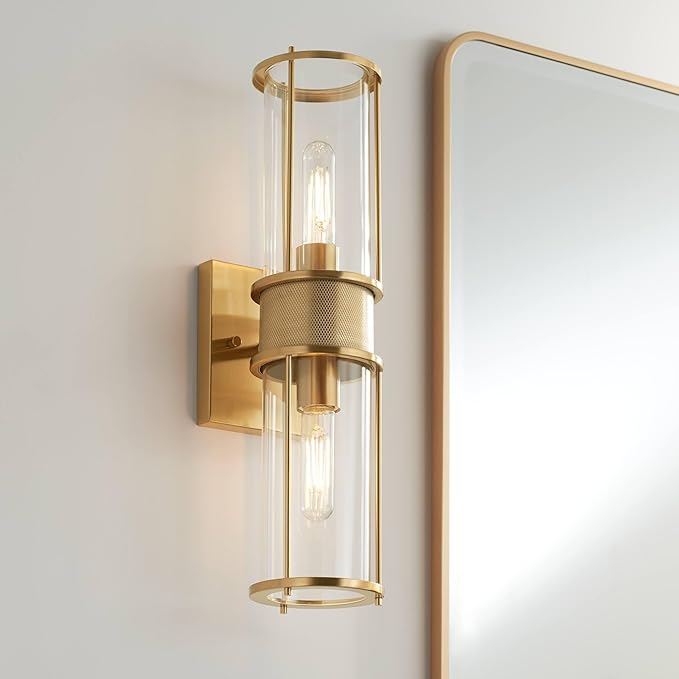 Possini Euro Design Miranda Modern Wall Light Sconce Warm Brass Gold Hardwired 4 1/2" 2-Light Fixture Clear Glass Shades for Bedroom Bathroom Vanity Reading Living Room Hallway House Home Decor