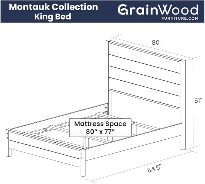 Grain Wood Furniture Montauk Solid Wood Bed, King Size, Rustic Grey