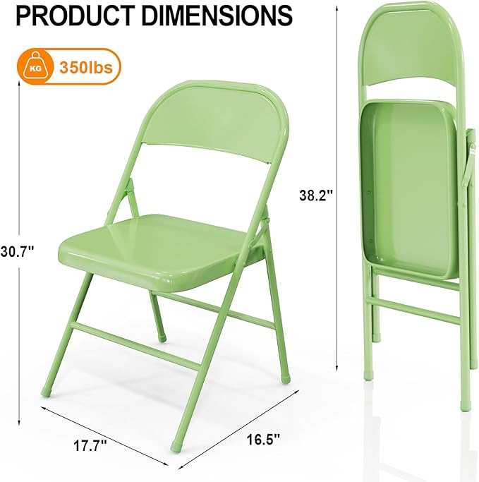 VINGLI Folding Chairs All Steel Metal Frame, Capacity 350 lbs, Durable Portable and Versatile for Indoor Outdoor Use, Green, Set of 8