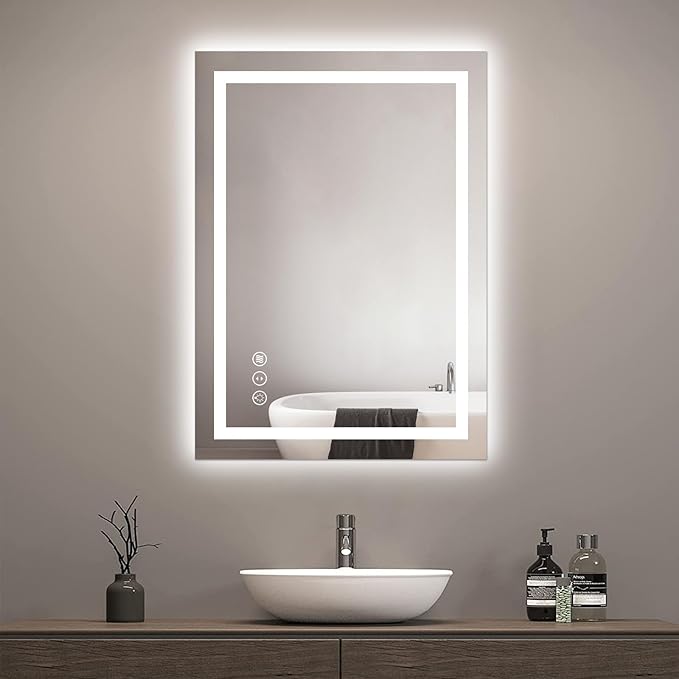 Awoco 20''x28'' LED Bathroom Mirror with Light, Lighted Vanity Mirror with Backlit and Front Light, Dimmable Anti-Fog Memory Function Lighted Mirror with 3 Colors for Bathroom Wall