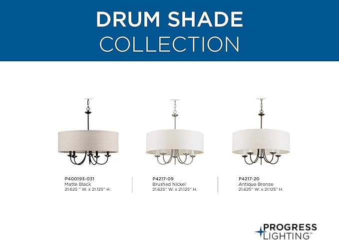 Progress Lighting Drum Shade Collection Five-Light Chandelier, Farmhouse Style Hanging Ceiling Light Fixture for Dining Rooms, Foyers, Harvest Linen Shade, Matte Black
