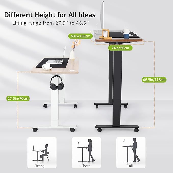 farexon Electric Standing Desk 63 x 24In with Outlets, Adjustable Height Stand up Desk with Large Mouse Pad, Double Hooks and 4 Wheels, 27''-46'' Lifting Range, Easy to Set for Home/Office(Oak Gray)