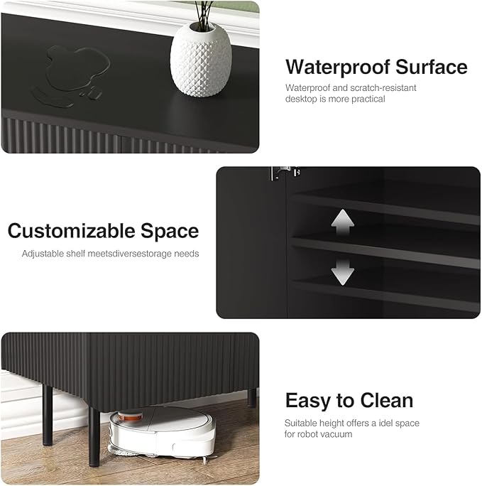 Buffet Cabinet with Storage, Sideboard with 2 Doors, Adjustable Shelf, Fluted Accent Cabinet for Living Room, Modern,Black