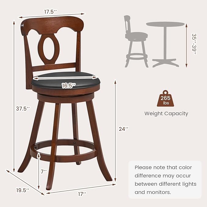 COSTWAY Bar Stools Set of 2, 24 Inch Swivel Counter Height Chairs with Ergonomic Back & Footrest, Vintage Wooden Barstool Set for Kitchen Island, Pub, Bistro, Café, Espresso (2, 24 Inch)