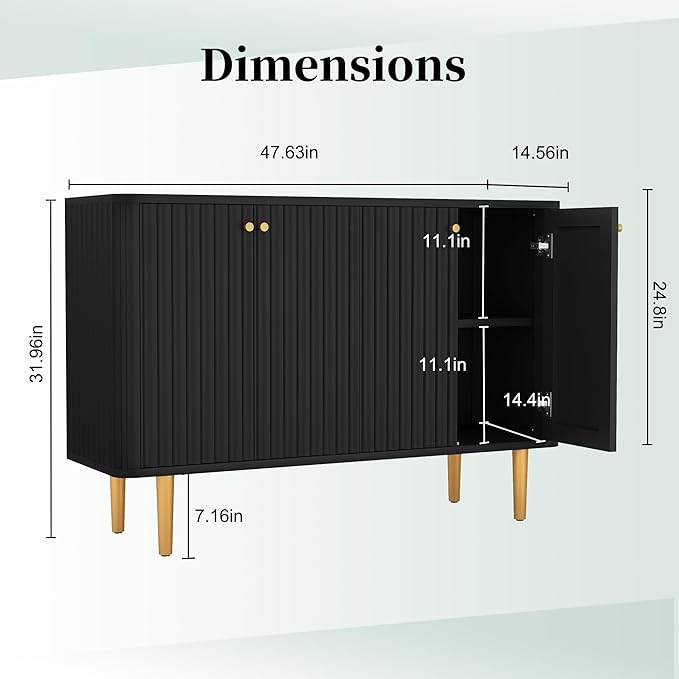 HLR Sideboard Buffet Cabinet, 48" Modern Accent Cabinet with 4 Door and Removable Shelves, Credenza with Storage for Living Room, Dinning Room, Entryway, Black