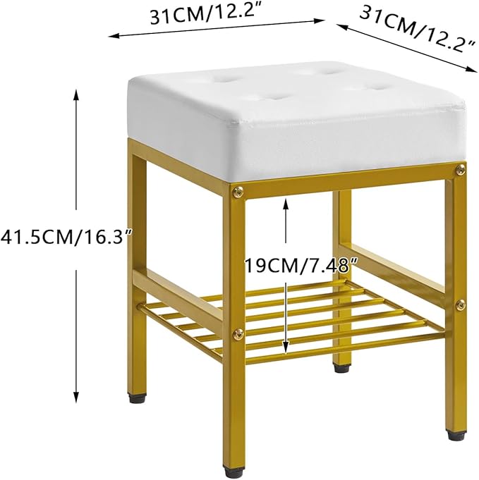 IBUYKE Square Makeup Stool with Adjustable Feet and Storage Space, Footrest Chair, PU Vanity Seat, Multi-Use as Small Side Table or Ottoman, for Bedroom, White LG-60W