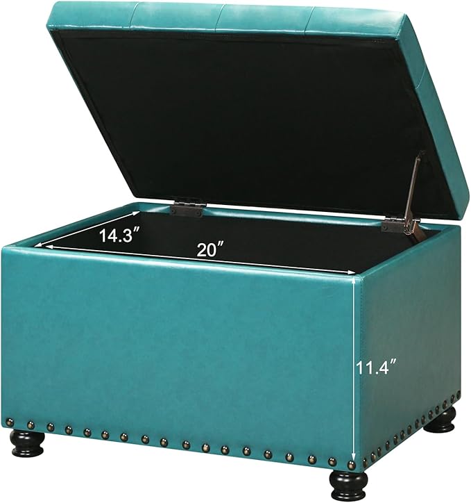 Leather Storage Ottoman Bench with Nailhead Trim Chests, Rectangle 24 Inch Foot Rest Ottomans Stool for Living Room Bedroom (Teal Blue)