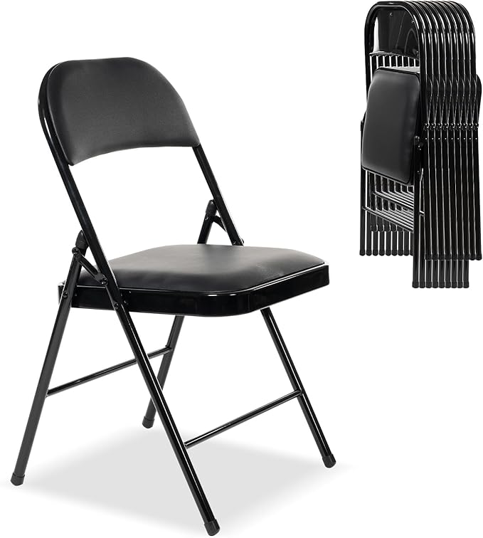 10 Pack Folding Chairs with Padded Seats, Padded Folding Chair with Steel Frame for Events Home Office, Pu Leather Folding Chair Black