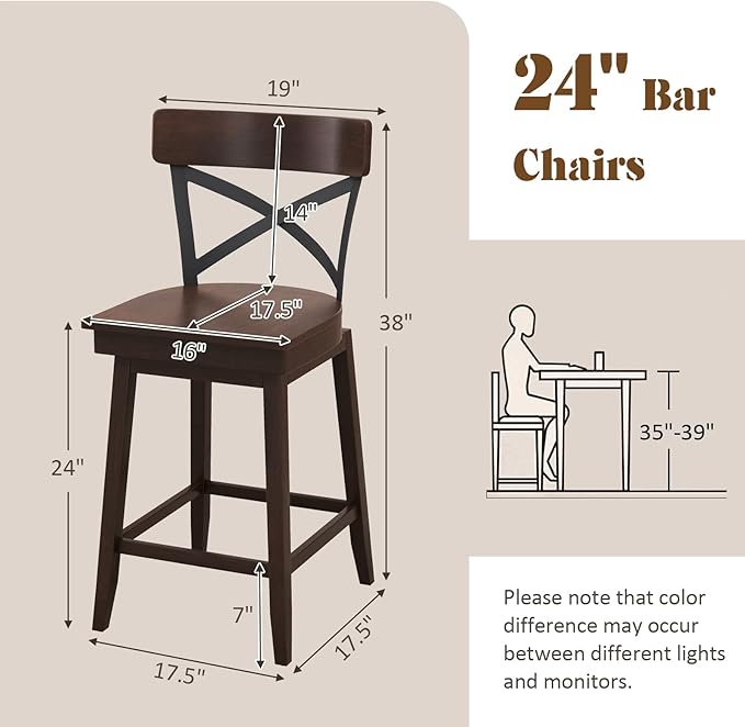 COSTWAY Swivel Bar Stool Set of 4, 24 Inch Ergonomic Counter Height Chairs with Open X Back & Footrest, 4PCS Vintage Wooden Barstools for Kitchen Island, Pub, Bistro, Café, Brown (4, 24 inch)