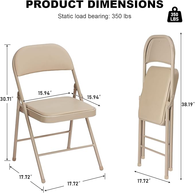 8 Pack Khaki Folding Chairs with Padded Cushion for Outside, Portable Stackable Commercial Metal Foldable Chairs with Steel Frame for Home Events Office Wedding Party, 350lbs Capacity