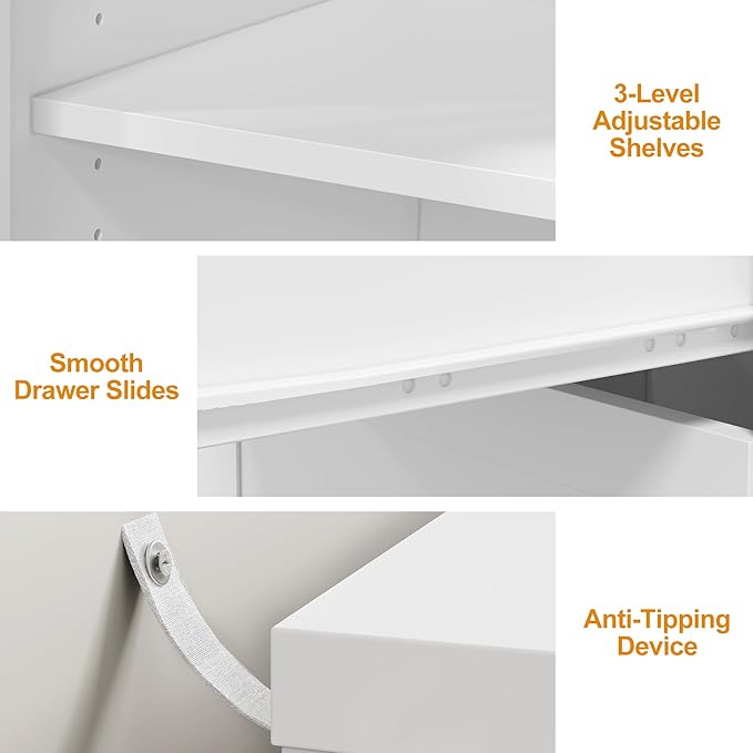 RoyalCraft L Shaped Home Office Desk, Large Extendable and Rotatable Desk with 3 Drawers and 2 Doors, Corner Computer Desk, Modern Study Writing Table for Bedroom, Home Office, White