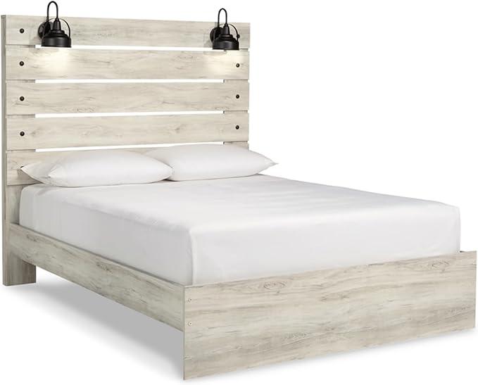 Signature Design by Ashley Cambeck Farmhouse Queen Panel Bed with LED Sconce Lights and USB Charging Ports, Open Slat Styling, Foundation or Box Spring Needed, Wood, Whitewash Finish