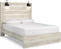 Signature Design by Ashley Cambeck Farmhouse Queen Panel Bed with LED Sconce Lights and USB Charging Ports, Open Slat Styling, Foundation or Box Spring Needed, Wood, Whitewash Finish