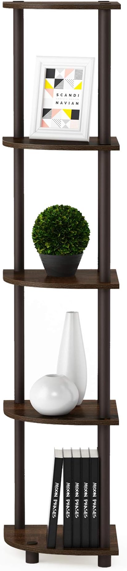 Furinno TURN-N-TUBE Corner Shelf Set of 2, 5-Tier Corner Bookshelf, Open Storage Shelves, for Organization and Storage, Living Room, Home Office, Garage, Walnut