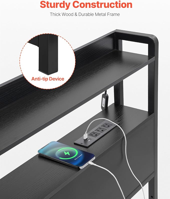 VEVOR Headboard for King Size Bed, Adjustable Height Headboard with 2 Shelves Storage, Freestanding Head Board with Charging Station and LED Light for Different Bed Frames, Easy Assembly, Black