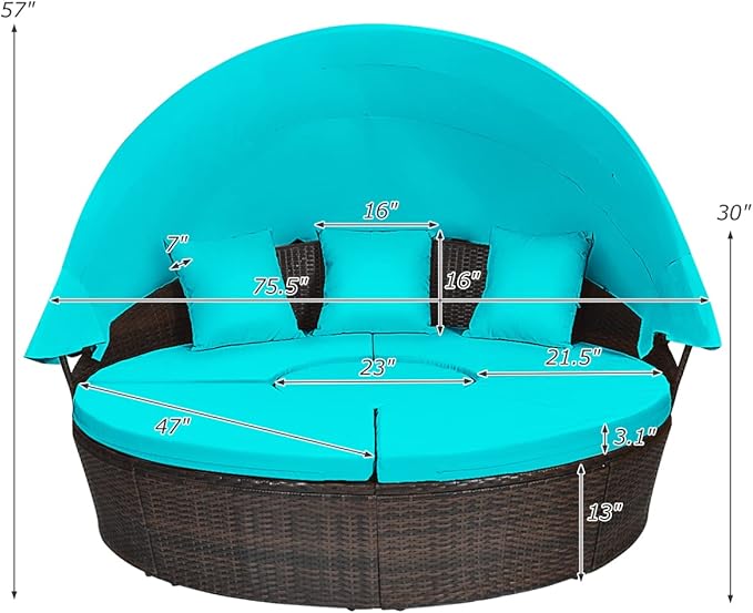 COSTWAY Patio Round Daybed with Retractable Canopy, Wicker Furniture Sectional Couch with Separate Cushioned Seats, Adjustable Table Top, Patio Rattan Daybed Sofa for Poolside, Turquoise