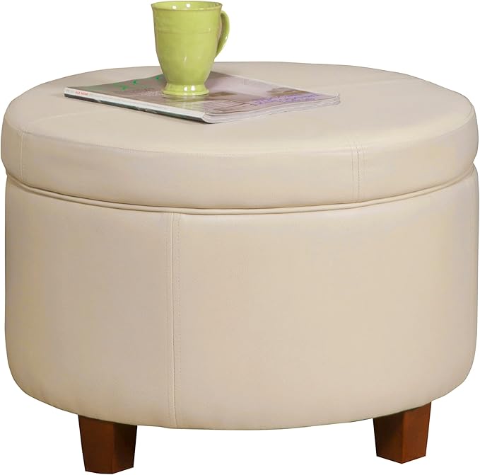 HomePop Large Leatherette Round Storage Ottoman with Removeable Lid, Cream Faux Leather