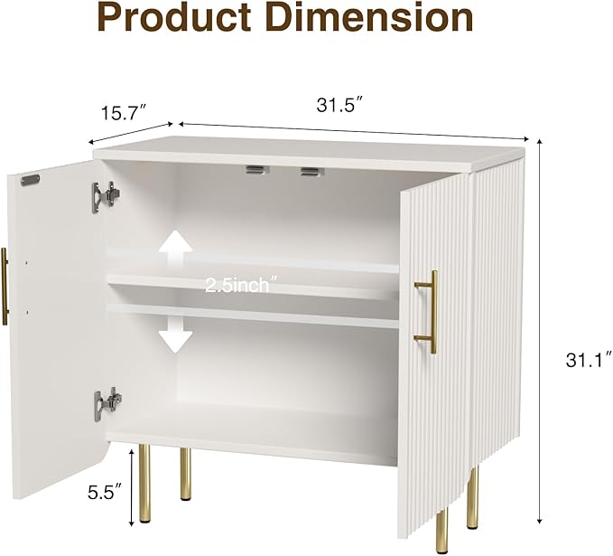 Buffet Cabinet with Storage, Sideboard with 2 Doors, Adjustable Shelf, Fluted Accent Cabinet for Living Room, Modern,White
