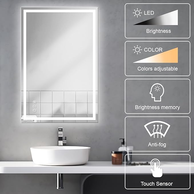 Awoco 48''x32'' LED Bathroom Mirror with Light, Lighted Vanity Mirror with Backlit and Front Light, Dimmable Anti-Fog Memory Function Lighted Mirror with 3 Colors for Bathroom Wall