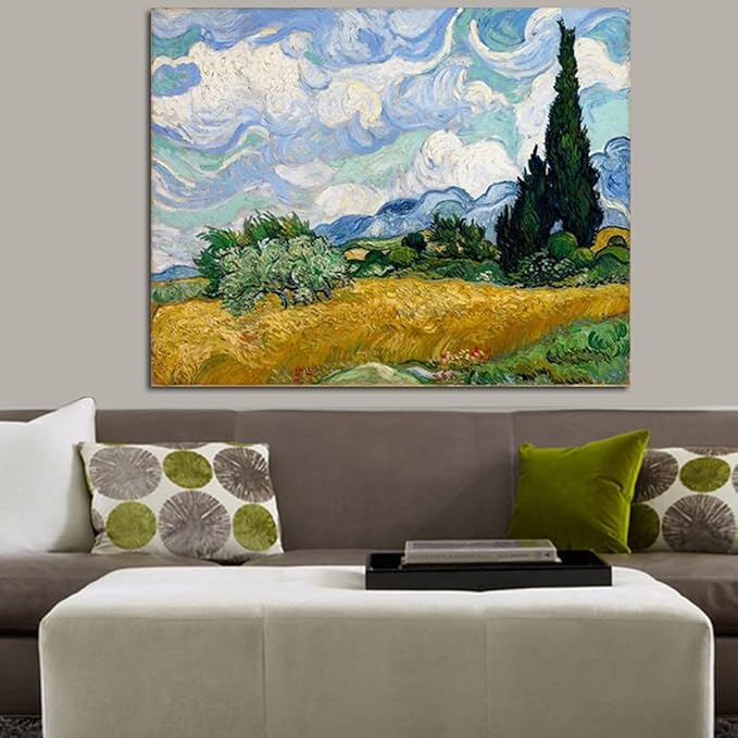 Wieco Art Wheat Field with Cypresses by Van Gogh Famous Oil Paintings Reproduction Extra Large Modern Gallery Wrapped Landscape Giclee Canvas Prints Artwork on Canvas Wall Art for Home Decorations
