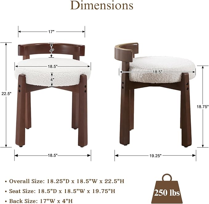 Modern Vanity Chair Upholstered Small Ottoman Footstool, Make Up Stool Sherpa Fabric with Backrest Wooden Frame for Living Room Bedrooms, 2PCS, White