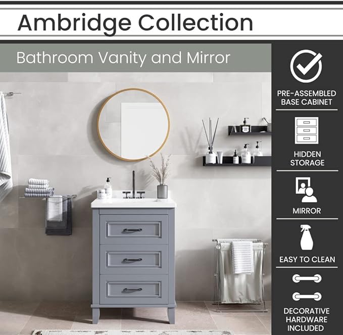 Hanover Ambridge 24'' Vanity Cabinet with Sink Combo for Bathroom, Powder Room, Pre-Assembled Cabinet, 2 Drawers, Accent Mirror, Artificial Stone Countertop, Gray Cabinet