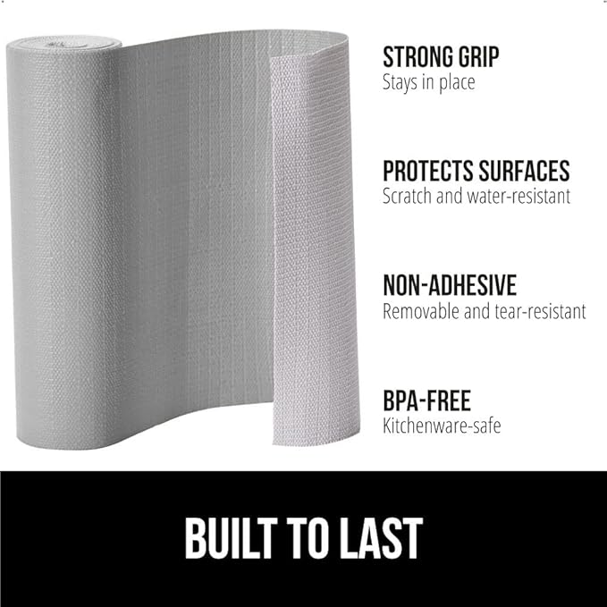 GORILLA GRIP Slip Resistant Drawer and Shelf Liner 2 Pack, Non Adhesive Water Resistant, Easy Clean and Trim, Smooth Surface Liners for Kitchen Cabinet Shelves Drawers Pantry 12 IN x 10 FT, Light Gray