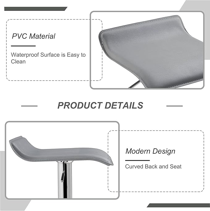 VECELO Bar Stools Set of 2, Adjustable Barstools, Counter Height Bar Stools, Modern Armless PVC Stools Swivel Bar Chairs, Light Grey