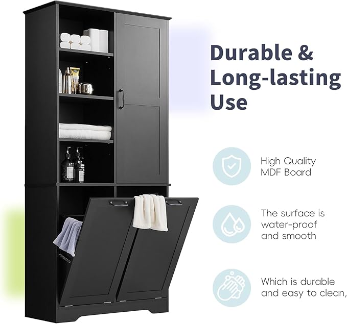 Tall Laundry Cabinet with 2 Tilt Out Hamper, Wood Bathroom Storage Cabinet with Doors and Adjustable Shelves Freestanding (Black)
